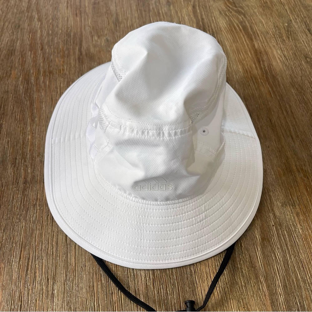 adidas White Wide-Brim Bucket Hat with Chin Cord